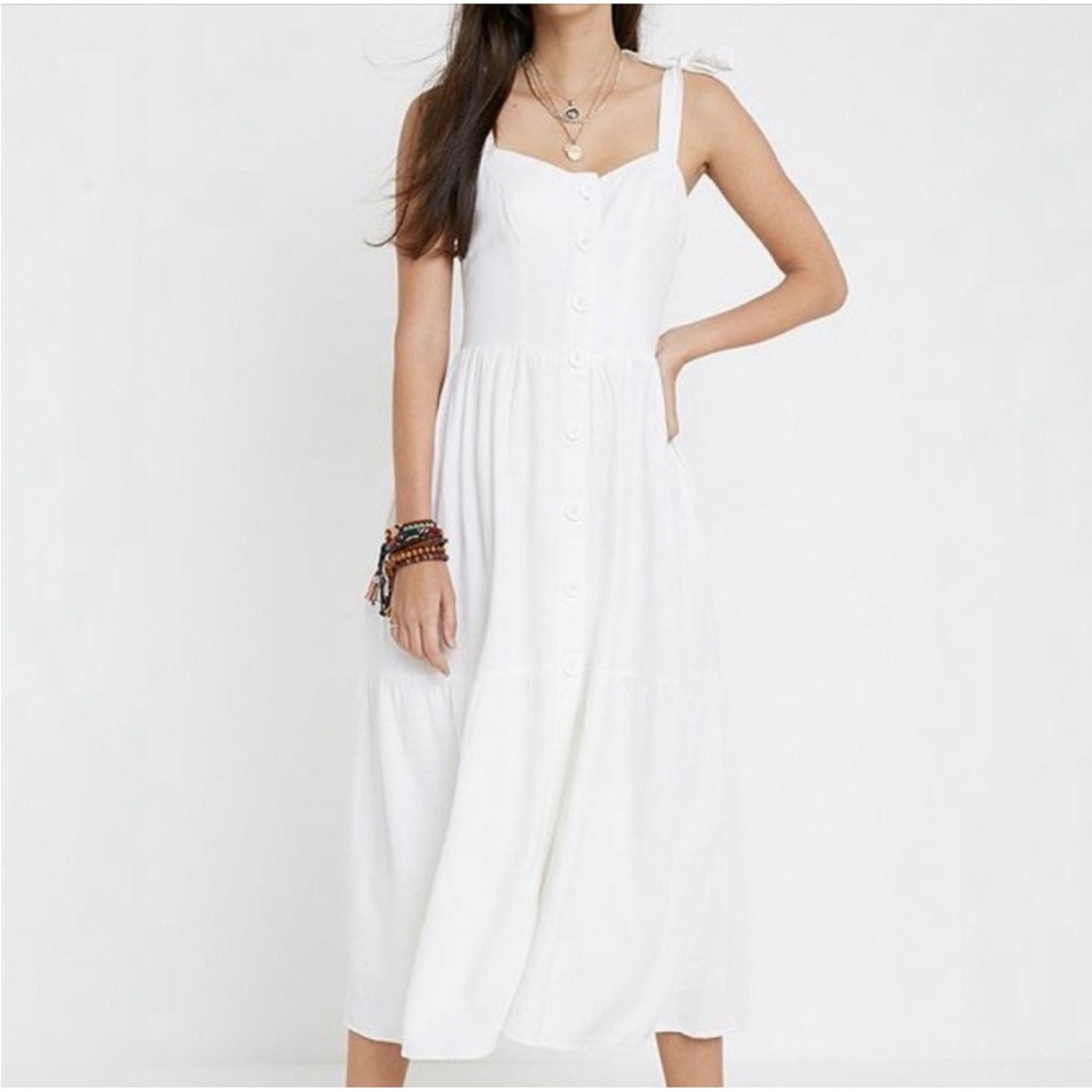 Urban Outfitters White Cotton Tie Shoulder Button Front Tiered Midi Dress M